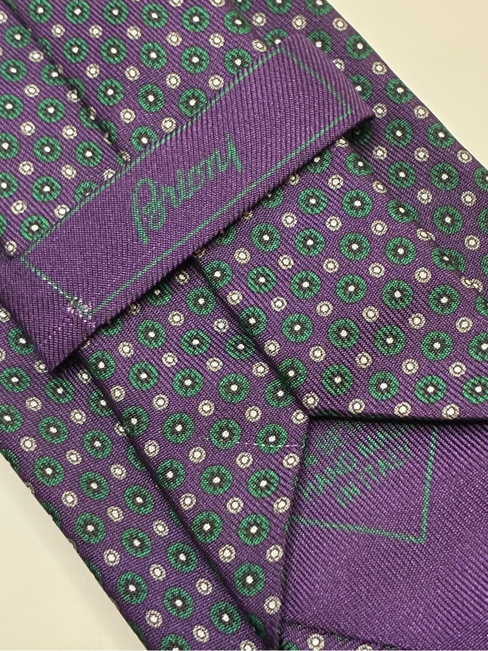 VTG Brioni Italy Silk Tie Purple Green Geometric Medallion Foulard Excellent 60”